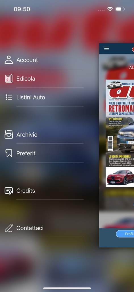 Side menu of the Auto HD app featuring options for the digital newsstand, car price lists, and personal archives.