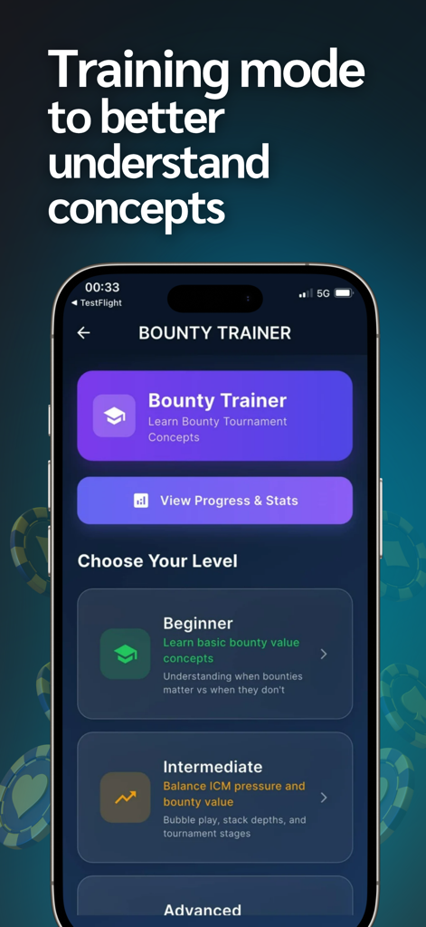 Poker Calculator for Bounty - Bounty Trainer-Oberfläche, die Anfänger-, Fortgeschrittenen- und Experten-Pokertrainingslevel anzeigt