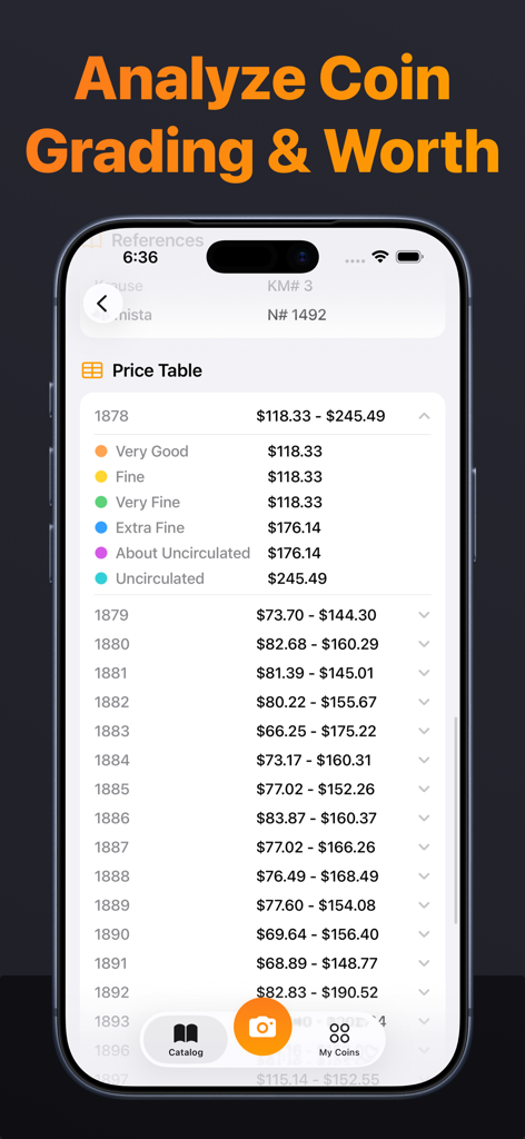 Coin Identifier AI - CoinPal - A smartphone screen displaying the CoinPal app's price table for coin grading and market valuations across different years and conditions.