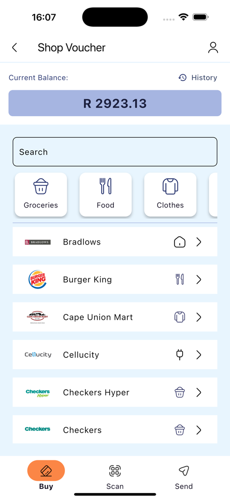 Instapay Chips - InstaPay Chipsアプリのショップバウチャー画面。残高とバーガーキングやチェッカーズなどの小売店が表示されています。