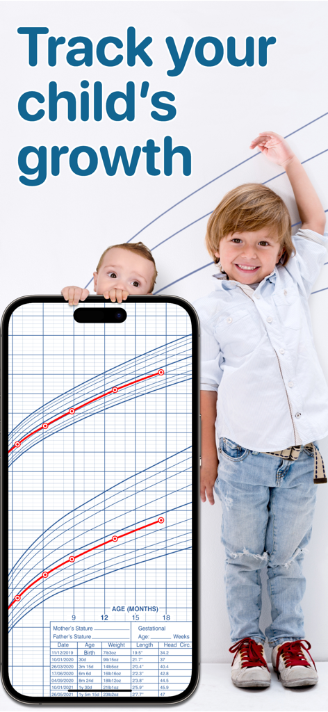 Growth: baby & child charts - A young child stands beside a smartphone displaying a growth percentile chart for pediatric tracking