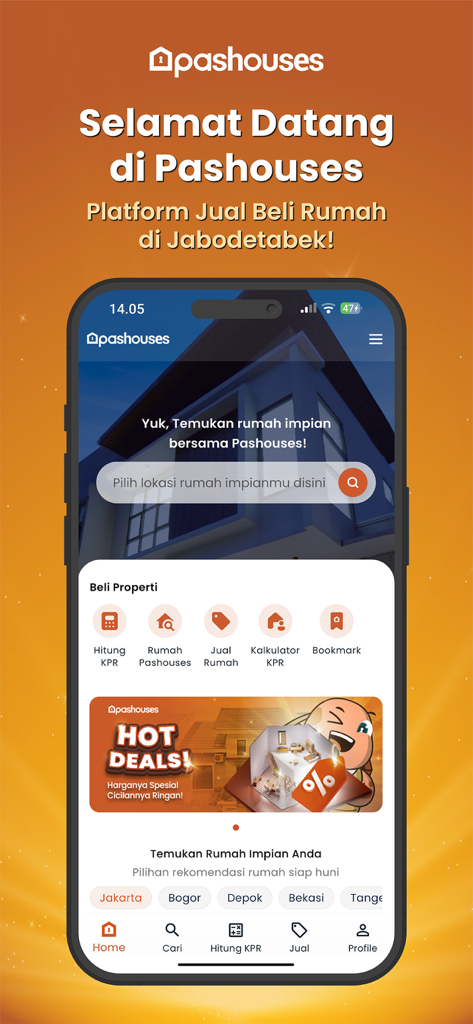 Pashouses: Rumah Siap Huni - Smartphone showing the Pashouses mobile app interface for Indonesian real estate