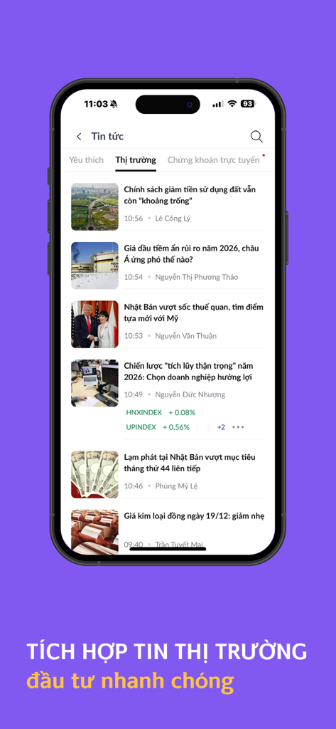 Interfaz del feed de noticias del mercado de la aplicación móvil de San Xin Ha que muestra artículos financieros.