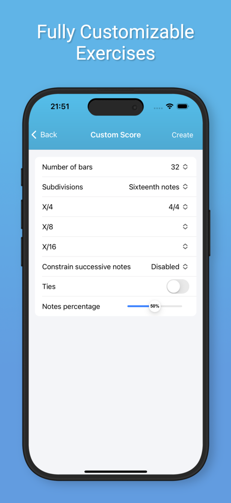 Interfaz para crear ejercicios de ritmo personalizables en la aplicación Coryvo.