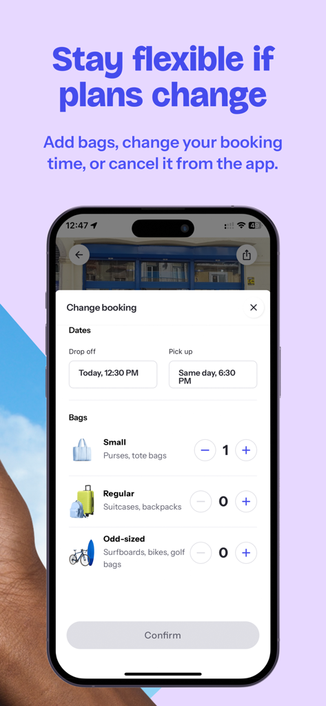 Bounceストレージ予約に日付を変更したり、さまざまな種類のバッグを追加したりするオプションを示すモバイル画面