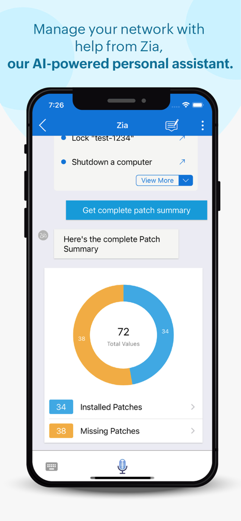 Endpoint Central - Endpoint Central mobile app interface showing Zia AI assistant providing a patch management summary donut chart