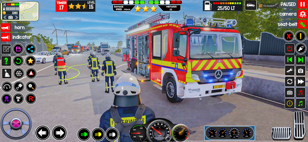 Rescue Squad Firestorm Mission - A red fire truck and firefighters at a highway emergency scene in the mobile game Rescue Squad Firestorm Mission
