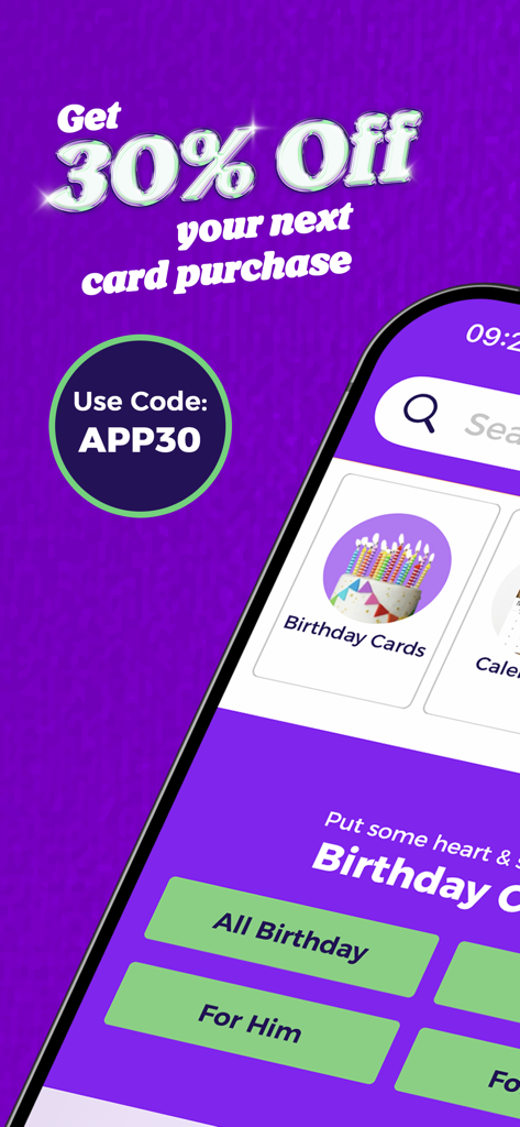 Funky Pigeon mobile app screen displaying a 30 percent discount offer with promo code APP30 for personalized cards and gifts.