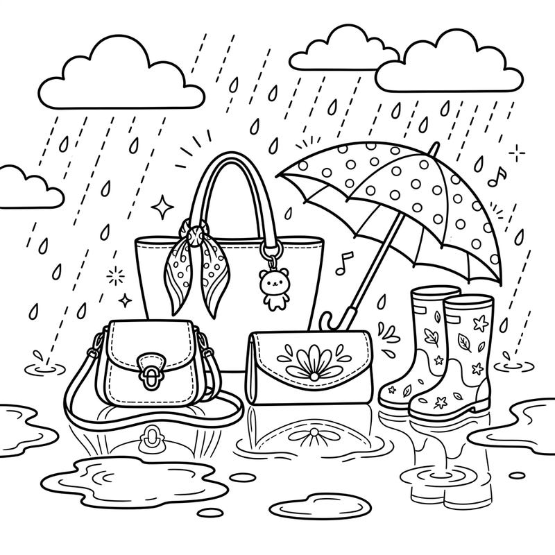 Brighten any cloudy afternoon with this delightful kids' coloring page featuring stylish handbags ready for a rainy day adventure. Kids aged 4-8 will love adding vibrant colors to cute purses, a polka-dot umbrella, and playful rain boots.