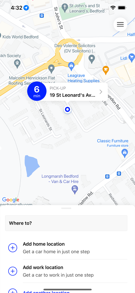 Anglia Cars Bedford - Anglia Cars Bedford app map screen for taxi pick-up and booking