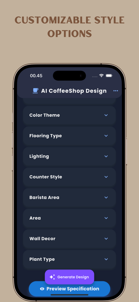 AI Coffee Shop Decorations - Interface of the AI Coffee Shop Decorations app showing customizable style options for lighting flooring and decor