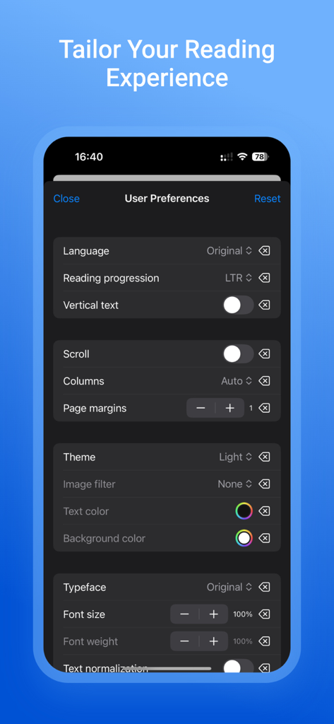 Novels Stories & Books Reader - User preferences menu for customizing font size theme and layout in the book reader app