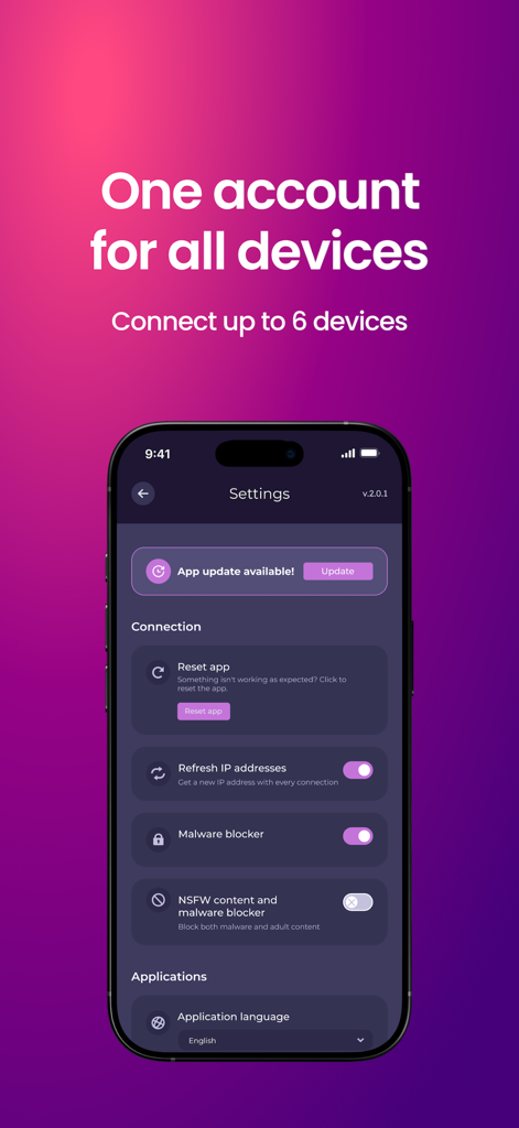 Pantalla de configuración de la aplicación Mysterium VPN en un iPhone mostrando opciones para soporte multidispositivo y funciones de seguridad como un bloqueador de malware.