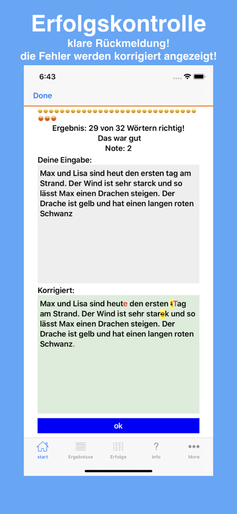 Diktat Trainer - Diktat Trainer app results screen showing a spelling test score and highlighted corrections for errors.