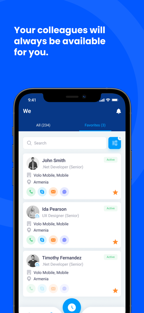 Spark.work mobile app employee directory screen showing contact details of colleagues