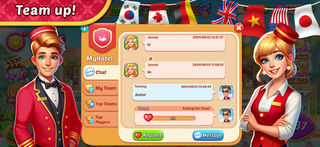 Interfaz de chat de equipo en el juego con personajes del personal del hotel y mensajes sociales.