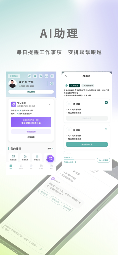 Asbie (formerly TopSales CRM) - Asbie CRMのモバイルダッシュボード。AI駆動の営業タスクリマインダーとリード再エンゲージメントの提案が表示されています。