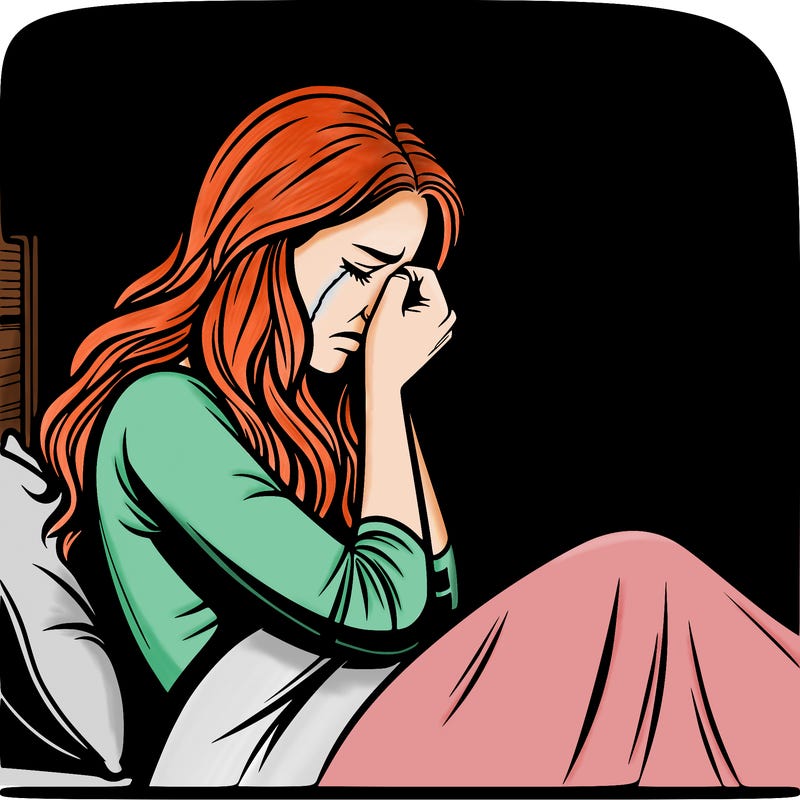 realistic woman crying in her bed in a dark room