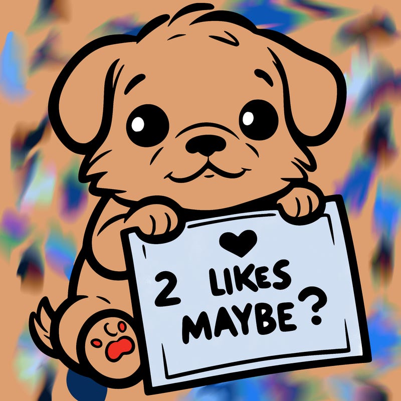 a puppy holding a sign that says 2 likes maybe?