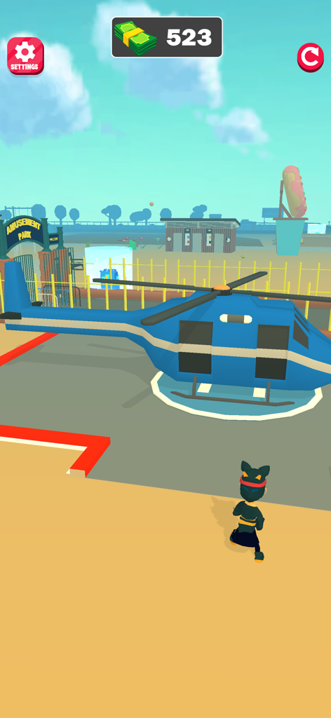Ultimate Fun Park Simulator 3D - A blue helicopter on a helipad in a 3D amusement park simulator game