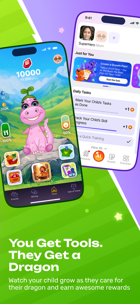 DragonFamily app interface showing a virtual dragon pet for kids and a task management dashboard for parents