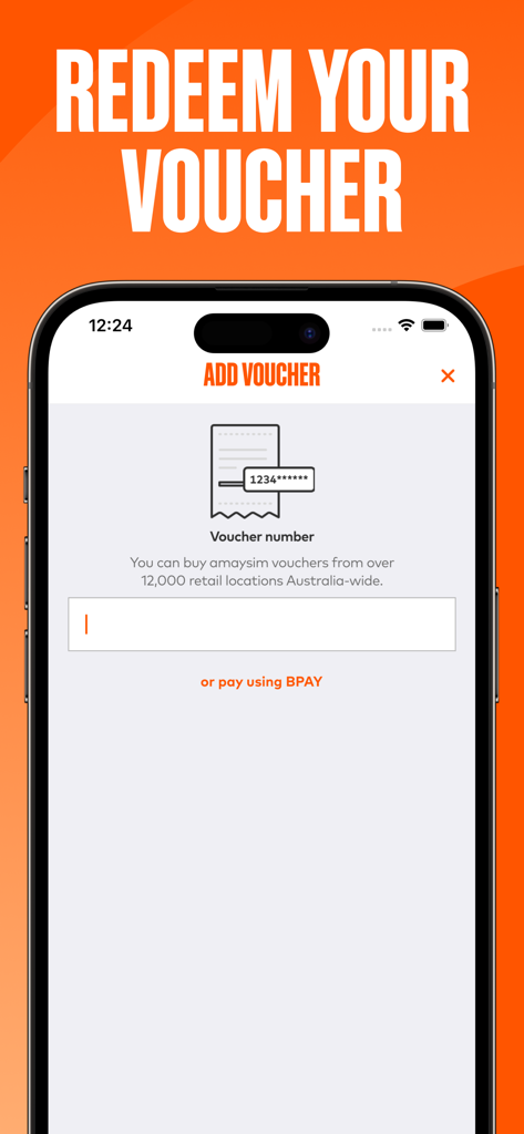 The amaysim mobile app interface for entering a voucher number to redeem credit