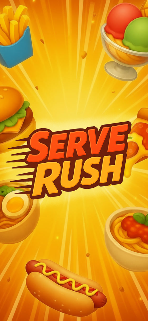 Logo del gioco Serve Rush circondato da elementi di cibo cartoon, tra cui pizza, hamburger e hot dog, su sfondo giallo