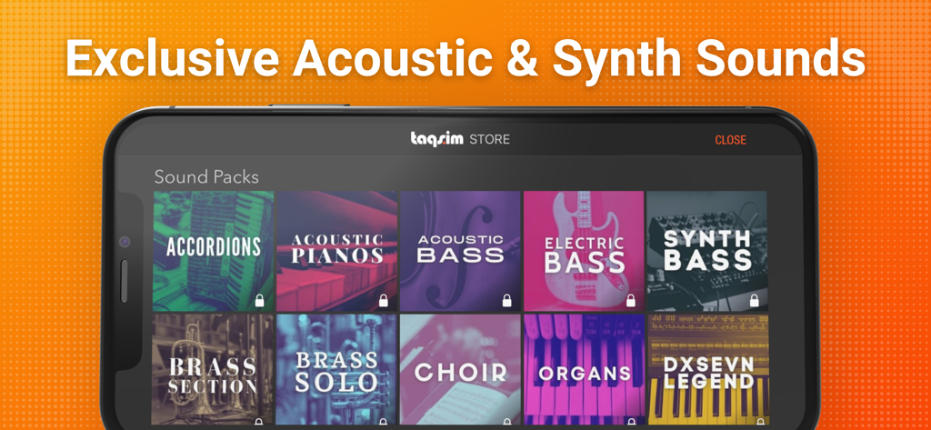 Soundfont Pro: Synth Studio - Soundfont Proモバイルアプリ内のアコースティックおよびシンセサウンドパックのメニュー、ピアノ、ベース、ブラスセクションを含む