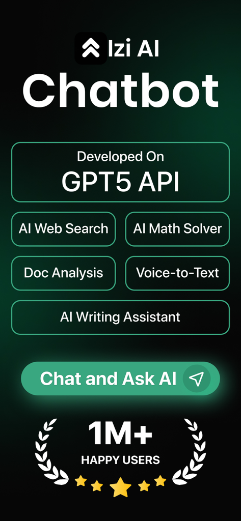 AI Chat Bot Assistant - izi - izi AI Chatbot interface showcasing GPT5 API integration and a suite of tools including AI Math Solver and Writing Assistant