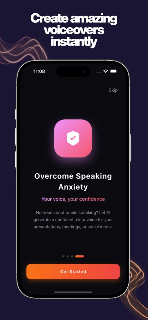 Revoicer AI app onboarding screen showing the Overcome Speaking Anxiety feature with a Get Started button.