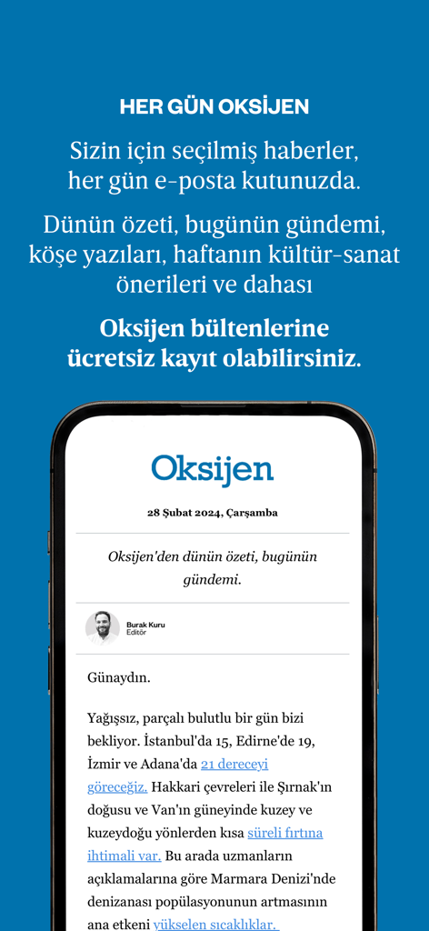 Oksijen Gazetesi - Oksijen Gazetesi app showing a daily newsletter with news summaries on a smartphone