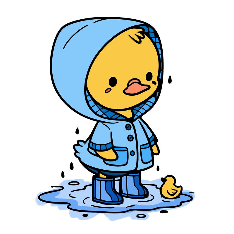 baby duck in a rain coat and boots, in a puddle while it’s raining