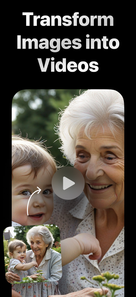 Interfaz de la aplicación VidAI que muestra la conversión de una foto estática de una mujer mayor y un niño pequeño en un vídeo dinámico
