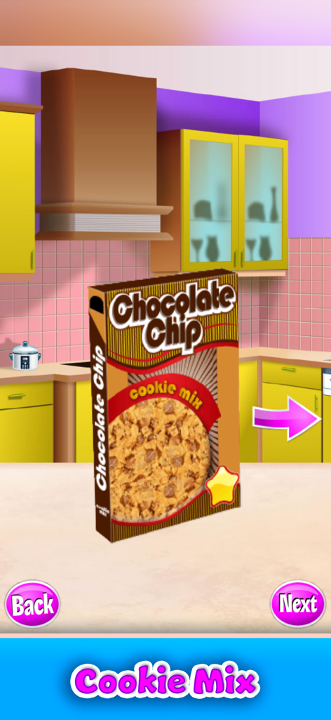 Cookie Maker & Cooking Games - A box of chocolate chip cookie mix in a colorful virtual kitchen