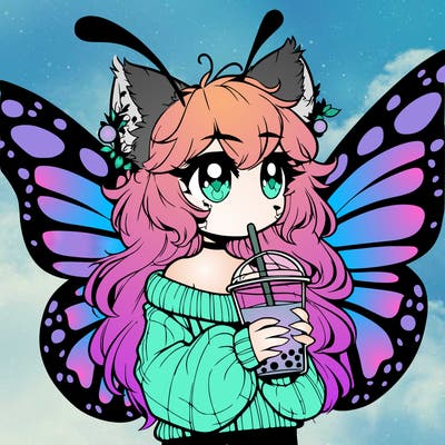 a realistic butterfly/furry girl drinking boba