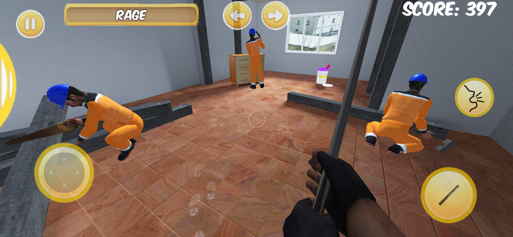 Neighbors OGのゲームの一人称視点。オレンジ色のジャンプスーツを着た作業員と対峙している部屋が見える