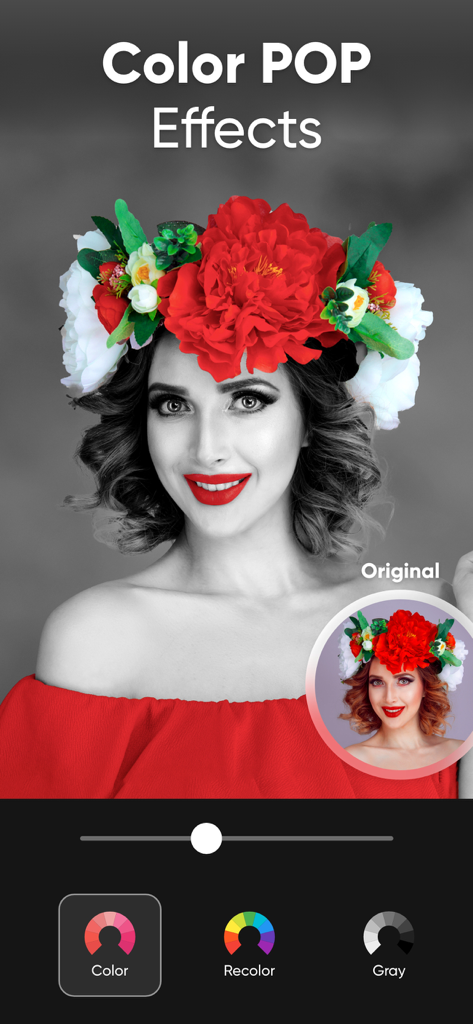 Selective coloring effect showing a woman with a red floral crown on a black and white portrait