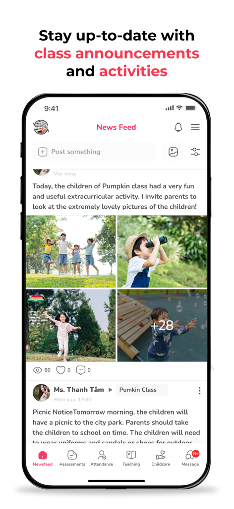 Monkey Class - Feed de noticias de la aplicación móvil Monkey Class mostrando publicaciones de profesores con fotos de estudiantes durante actividades escolares