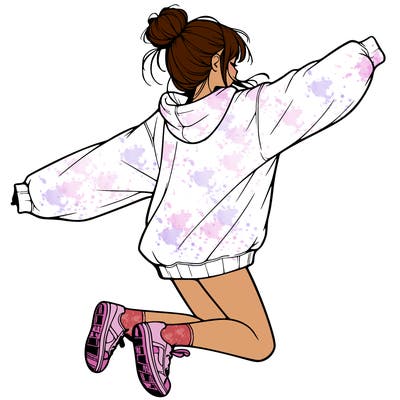 realistic girl jumping with a bun and oversized sweatshirt