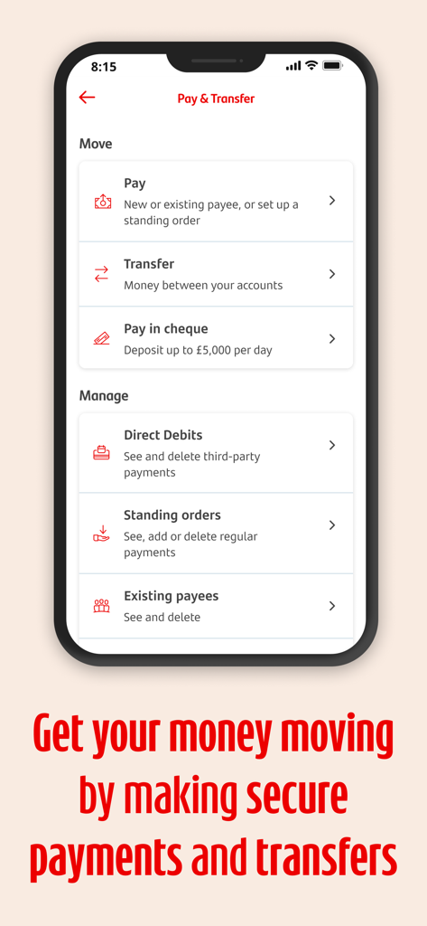 Santander Mobile Banking - Écran de paiement et de virement de l'application Santander Mobile Banking sur un smartphone