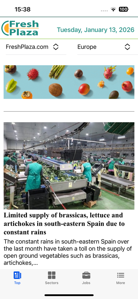 FreshPublishers.com - Interfaccia delle notizie di Fresh Plaza che mostra aggiornamenti del settore agricolo