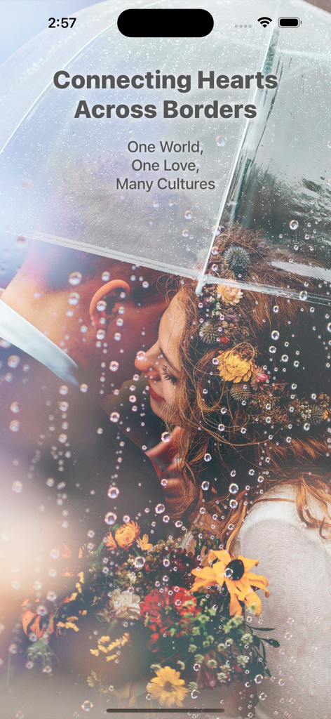 Romantic couple under an umbrella in the rain with the text Connecting Hearts Across Borders
