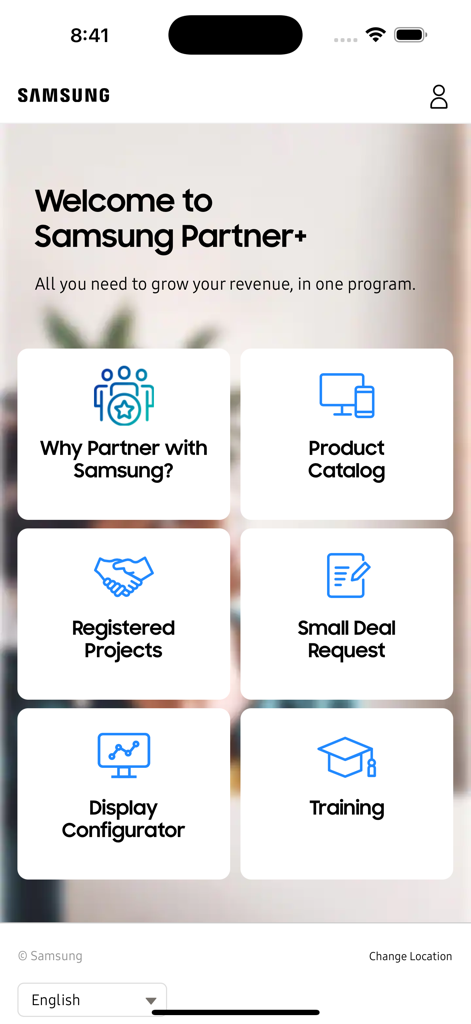 Samsung Partner Portal - Samsung Partner Portal app home screen showing product catalog and business tools
