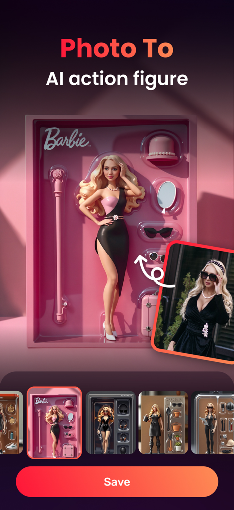 A screenshot of the PhotoX app showing a woman's photo transformed into a pink Barbie-style AI action figure inside a collector box.