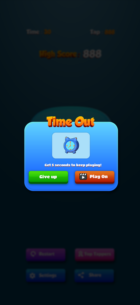 Speed Tapping Game time out screen with options to give up or play on