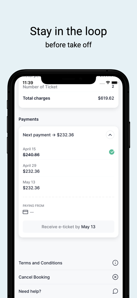 Airfordable app interface showing a flight installment payment schedule and total charges on a mobile screen