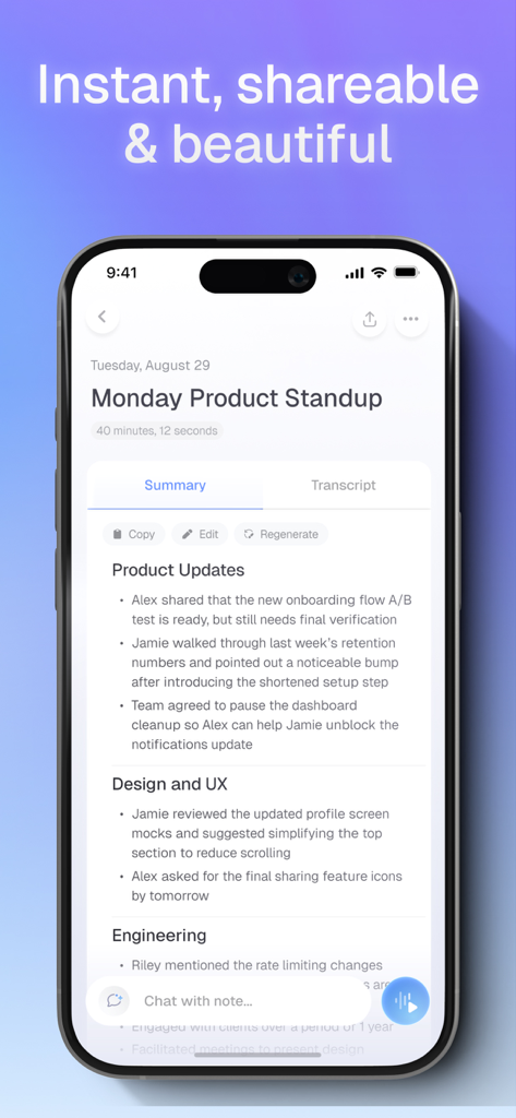A professional AI-generated meeting summary on the Cluely app with organized sections for product updates and engineering tasks.