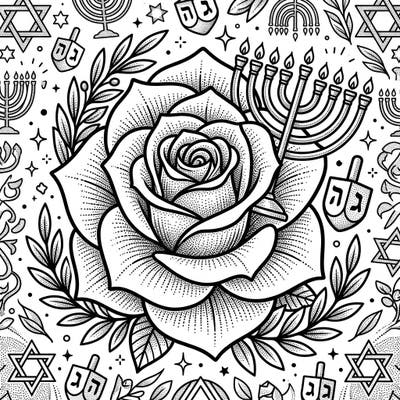 Discover the captivating fusion of nature and tradition with this stunning Dot Work Rose and Hanukkah-themed coloring page. Immerse yourself in the intricate details of petals and festive symbols, perfect for a peaceful and creative celebration.