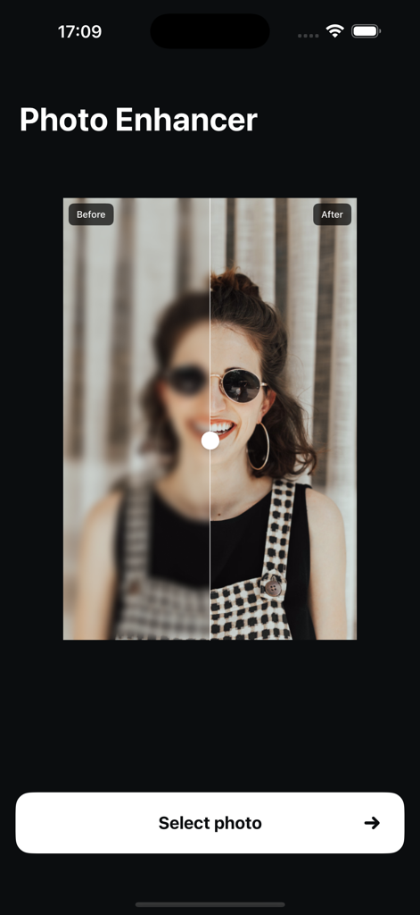 Enhancer - AI Photo Enhancer - Comparação lado a lado de uma foto borrada sendo restaurada para uma imagem nítida de alta definição usando tecnologia de IA.