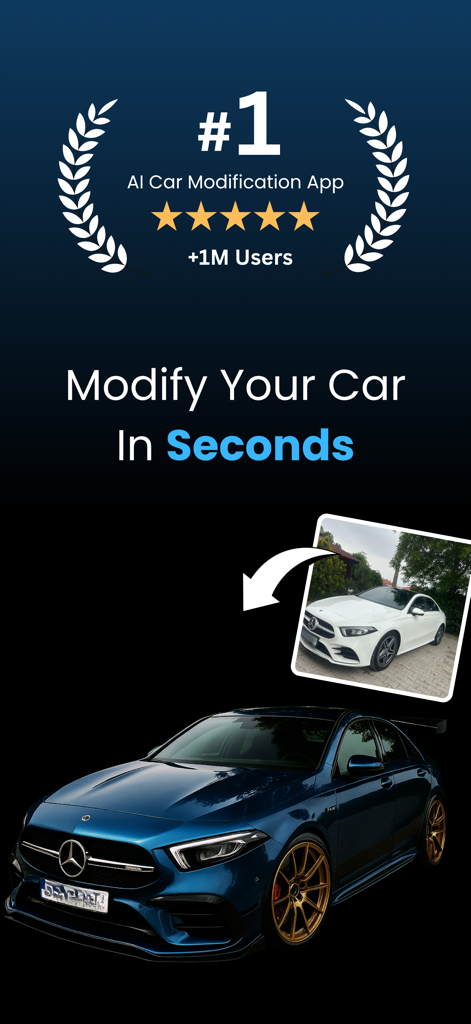 Aplicação de modificação de carros AI exibindo resultados de tuning antes e depois